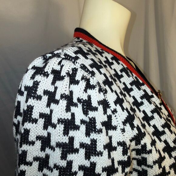 Vintage Leslie Fay Collections Women’s 14 Houndstooth Cardigan Black White Red T - Picture 10 of 15